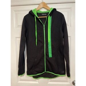 Leif Nelson Full Zip Long Line Hoodie‎ Jacket Black Neon Green Women's M